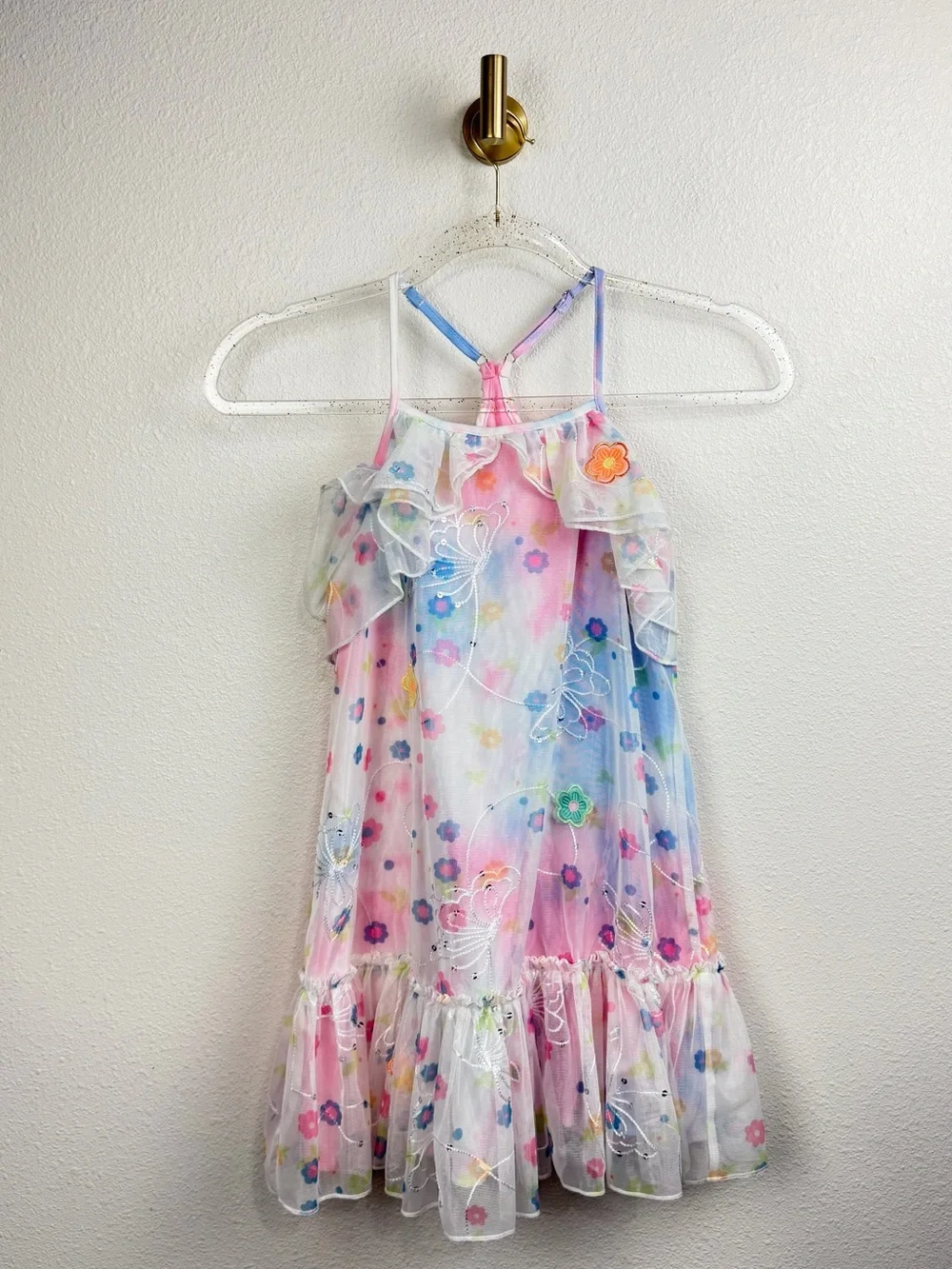 Baby Sara Pink Floral Butterfly Sequin Princess Tie Dye Girls Dress Size 7